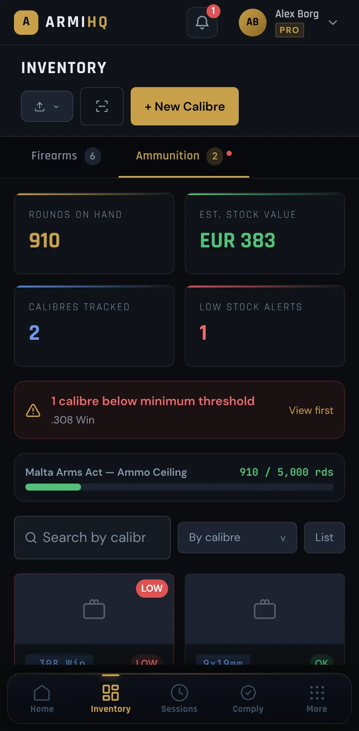 ArmiHQ on a phone: ammunition stock with rounds on hand and a low-stock alert
